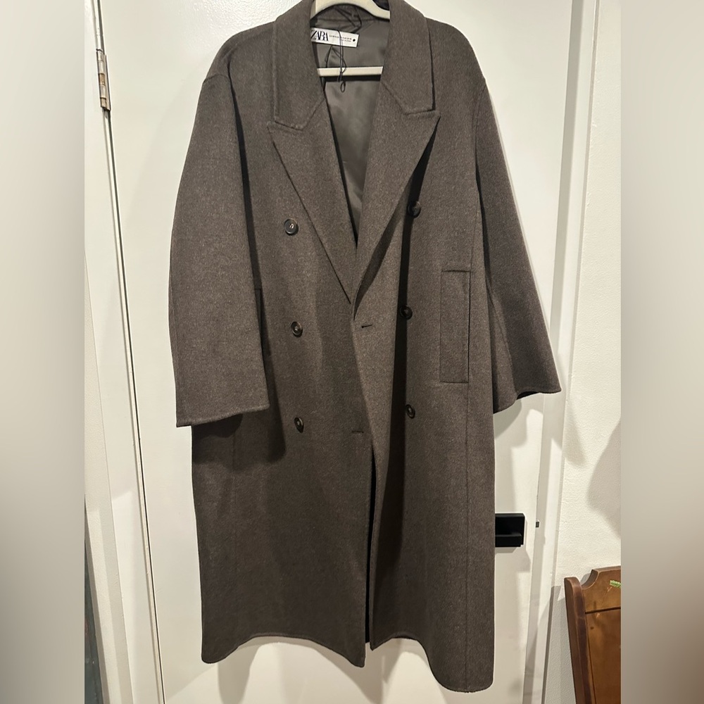 Zara Women's Oversized Brown Marl Wool Blend Double Breasted Coat - Picture 3 of 5